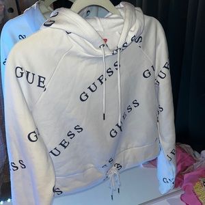 GUESS white drawstring hoodie with navy blue pattern